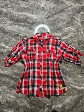 Vintage Apple Bottoms Y2K Red Plaid Smocked Waist Top Gold Logo Plus Size 3XL